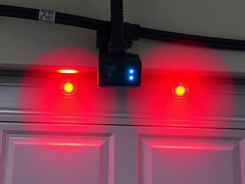 Garage door auto-reverse safety sensors with infrared beam visible