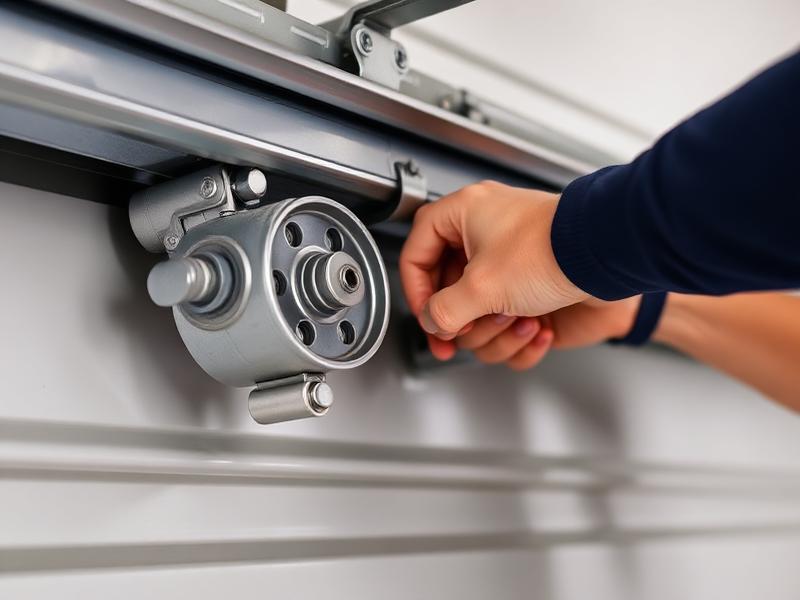 Close-up of garage door roller mechanism being serviced by professional technician