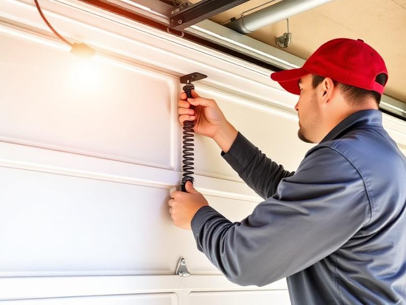 Technician performing spring maintenance on residential garage door