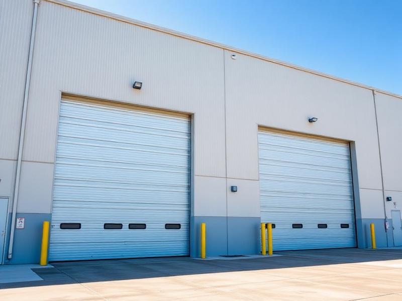 Large commercial warehouse with industrial steel overhead garage doors
