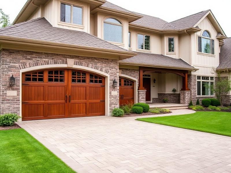 Beautiful wooden carriage style garage door installation on residential home