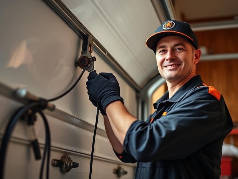 Professional technician repairing garage door cable